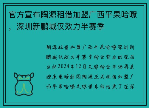 官方宣布陶源租借加盟广西平果哈嘹，深圳新鹏城仅效力半赛季
