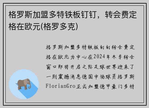 格罗斯加盟多特铁板钉钉，转会费定格在欧元(格罗多克)