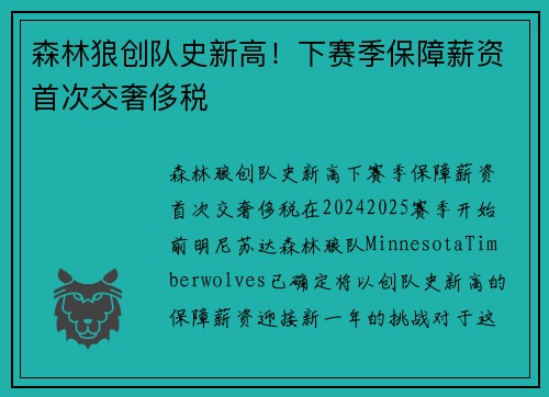 森林狼创队史新高！下赛季保障薪资首次交奢侈税