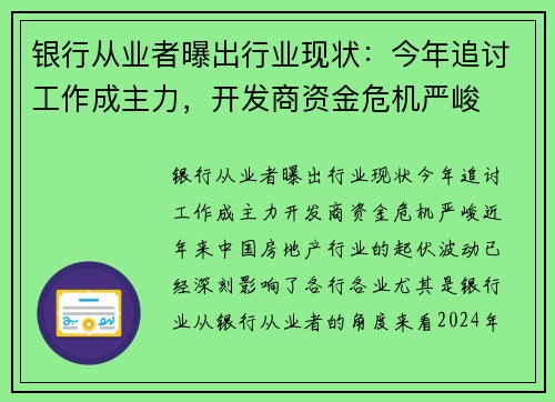 银行从业者曝出行业现状：今年追讨工作成主力，开发商资金危机严峻